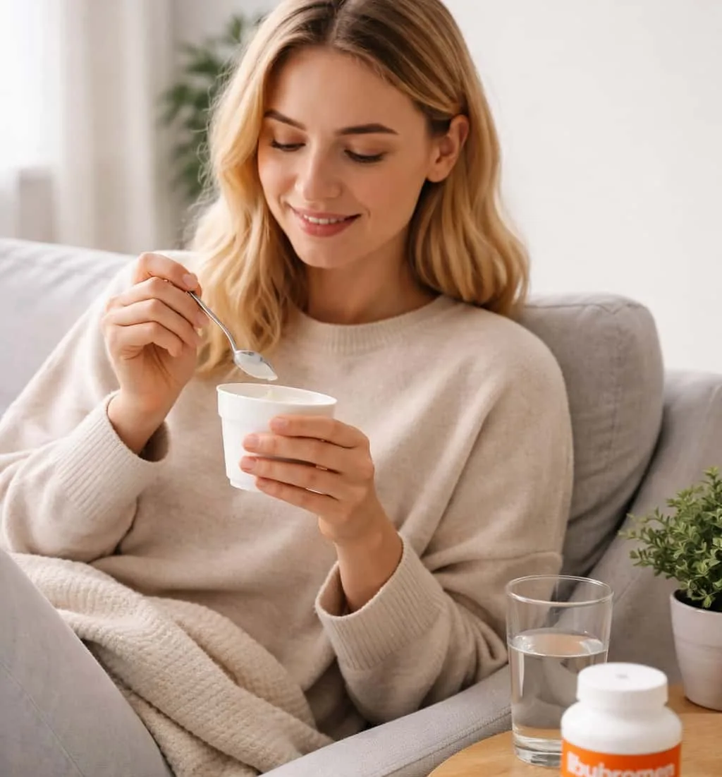 gum graft recovery timeline: your day-by-day guide to comfortable healing 1 woman eating yogurt after gum graft surgery - soft foods during first 24 hours of gum graft recovery