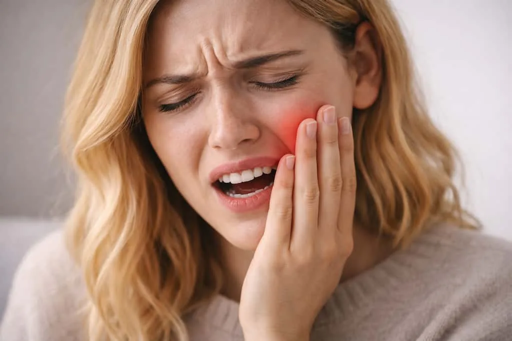 gum graft recovery timeline: your day-by-day guide to comfortable healing 4 woman with hand on cheek expressing pain - warning signs during gum graft recovery