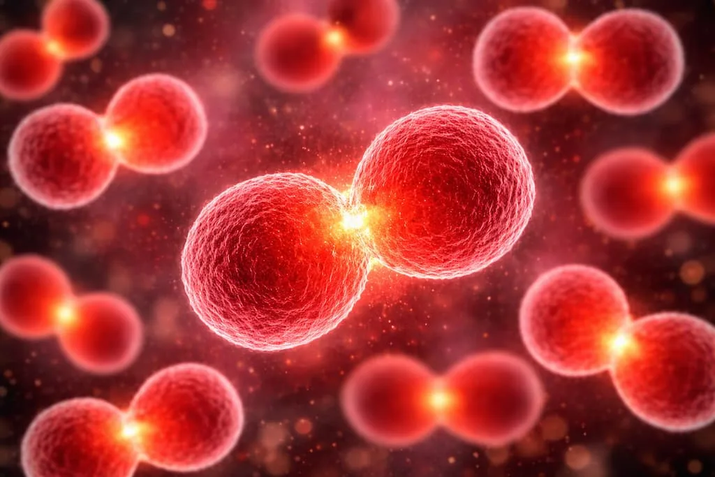 illustration of cells dividing, shown as glowing red spheres splitting apart.
