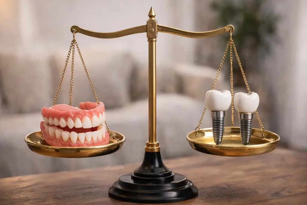 dental implants vs dentures cost, comfort, and long-term value 3 balance scale with a full denture on one side and two dental implants on the other