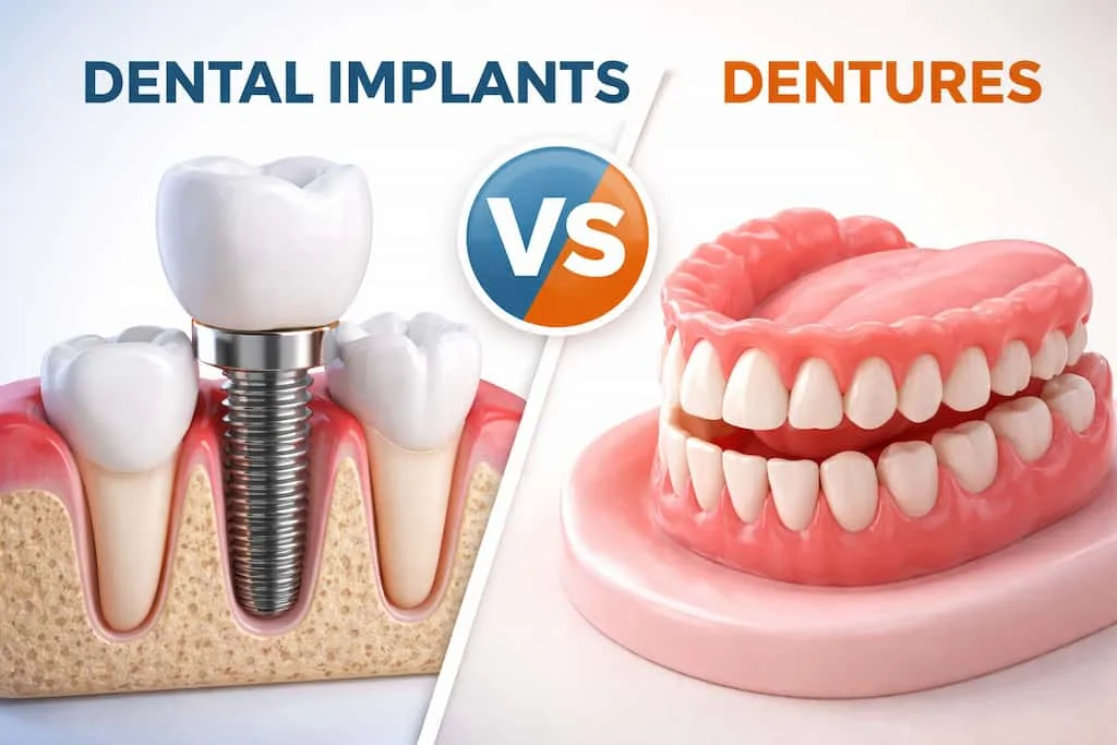 Split illustration comparing a dental implant cutaway in the jawbone with a full upper and lower set of dentures