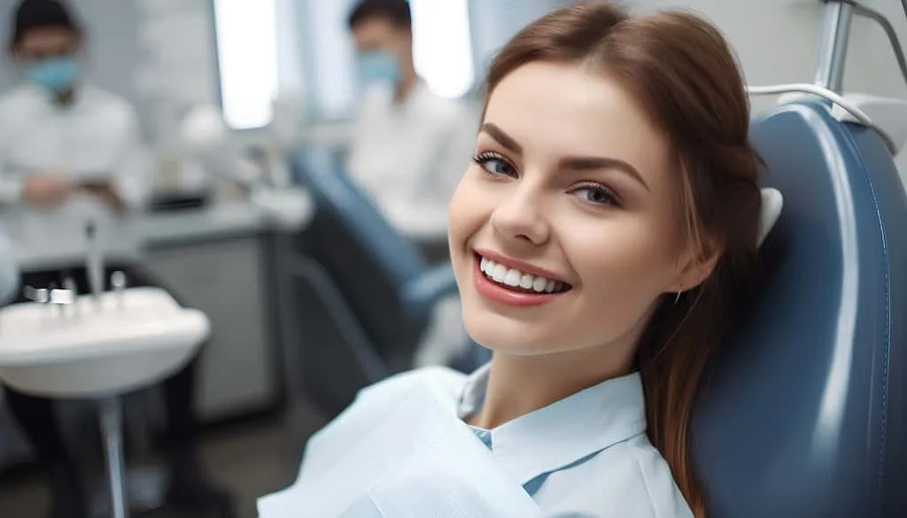 5 tooth replacement options: cost, comfort & longevity guide 7 a woman smiles while sitting in a dental chair, with a dentist in the background.