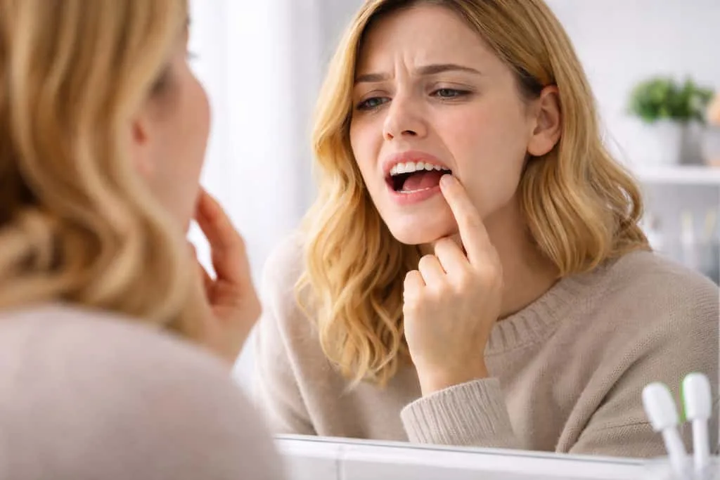 gum recession signs: recognizing the early warnings your mouth is sending 4 a woman examines her teeth in a bathroom mirror, appearing concerned.