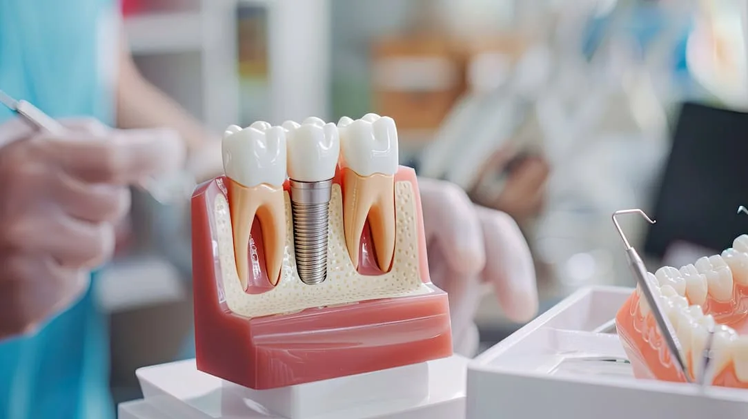 dental model showing an implant between two natural teeth.