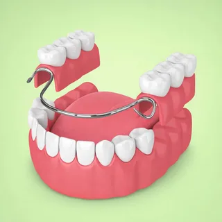 tooth replacement options compared by cost, lifespan and bone health 1 model of a removable partial denture with metal clasps lifted above a lower arch of teeth