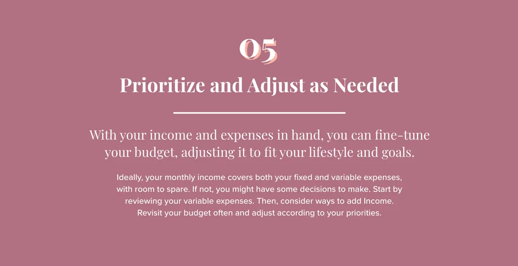 Text on red background: 5. Prioritize and Adjust as Needed. With your income and expenses in hand, you can fine-tune your budget, adjusting it to fit your lifestyle and goals. Ideally, your monthly income covers both your fixed and variable expenses, with room to spare. If not, you might have some decisions to make. Start by reviewing your variable expenses. Then, consider ways to add Income. Revisit your budget often and adjust according to your priorities.