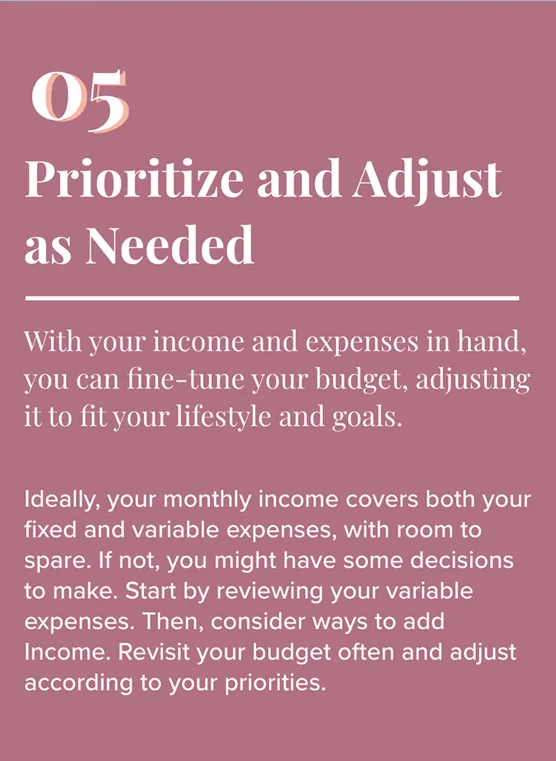 Text on red background: 5. Prioritize and Adjust as Needed. With your income and expenses in hand, you can fine-tune your budget, adjusting it to fit your lifestyle and goals. Ideally, your monthly income covers both your fixed and variable expenses, with room to spare. If not, you might have some decisions to make. Start by reviewing your variable expenses. Then, consider ways to add Income. Revisit your budget often and adjust according to your priorities.