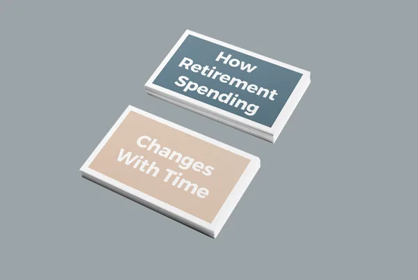 Two stacked informational cards on a gray background, one labeled "How Retirement Spending" in blue and the other "Changes With Time" in beige, illustrating the evolving nature of financial needs during retirement.