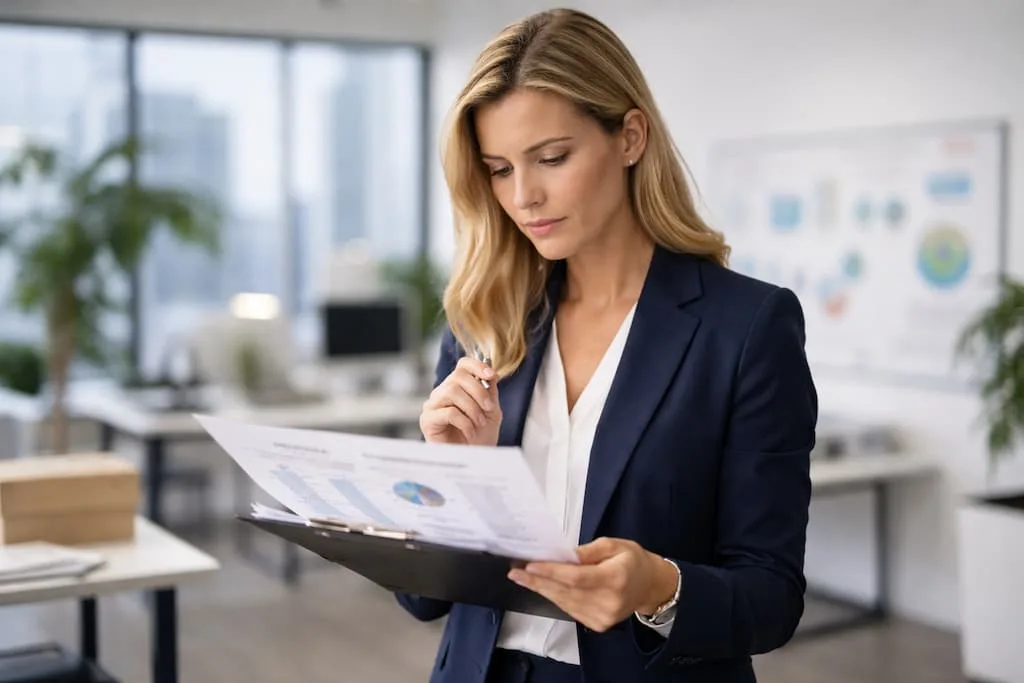 A tax business operations consultant reviewing paperwork