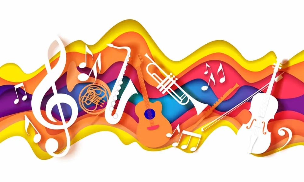 What Are the Best Instruments for ADHD Musicians? 2 Various musical instruments and notation on waves of color representing some of the best instruments for ADHD.