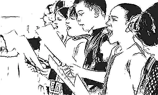 Children side by side hold sheet music and do vocal warm ups before singing lessons