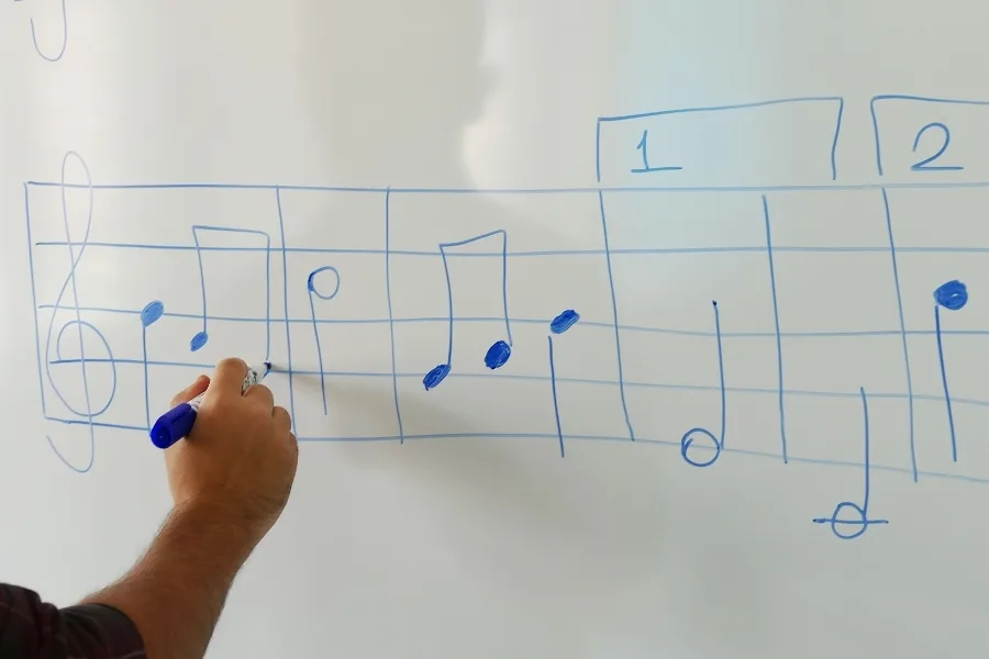 Introduction to the Pitch Range of Musical Instruments 4 teacher writing musical notes