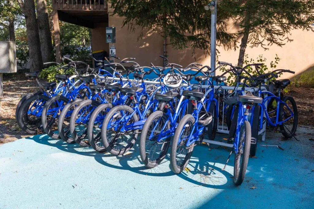 Complimentary blue bicycles for guests at Canalside Inn in Rehoboth Beach